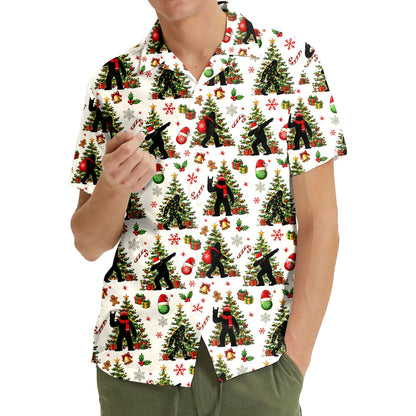 Third lifestyle view showing the white bigfoot hawaiian shirt outdoors