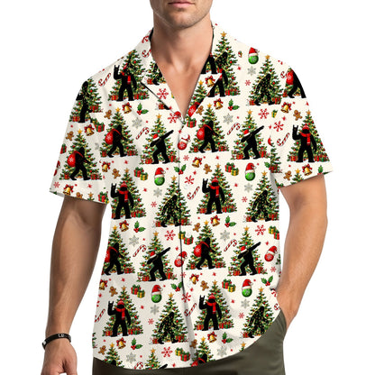 Lifestyle view of a family wearing matching Christmas Bigfoot hawaiian shirts