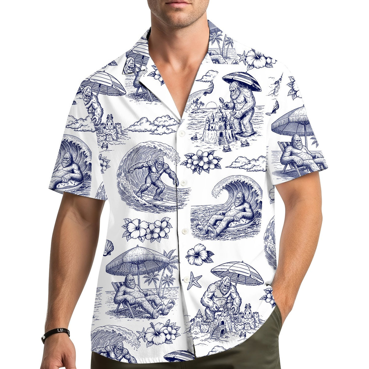 Lifestyle view of a person wearing the bigfoot hawaiian shirt outdoors