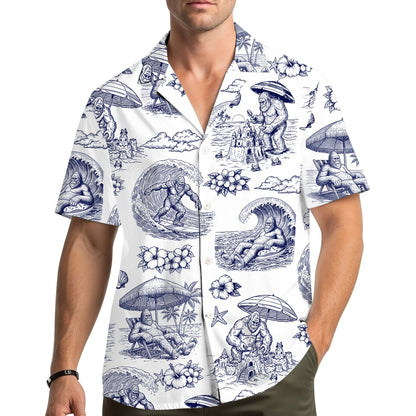 Lifestyle view of a person wearing the bigfoot hawaiian shirt outdoors
