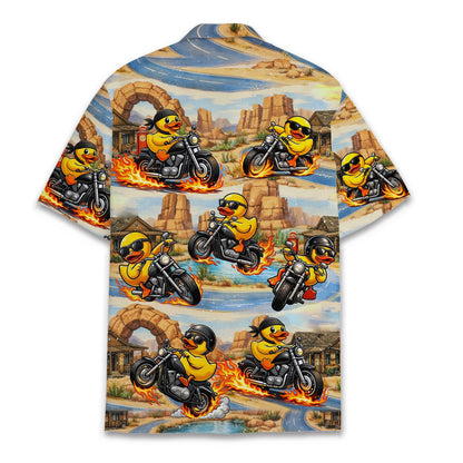 Yellow biker hawaiian shirt featuring motorcycle riders in a desert landscape, back view