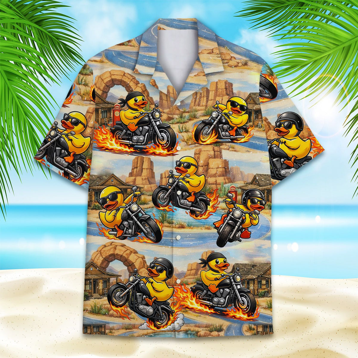 Yellow biker hawaiian shirt featuring motorcycle riders in a desert landscape, alternate front view