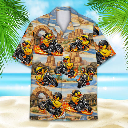 Yellow biker hawaiian shirt featuring motorcycle riders in a desert landscape, alternate front view