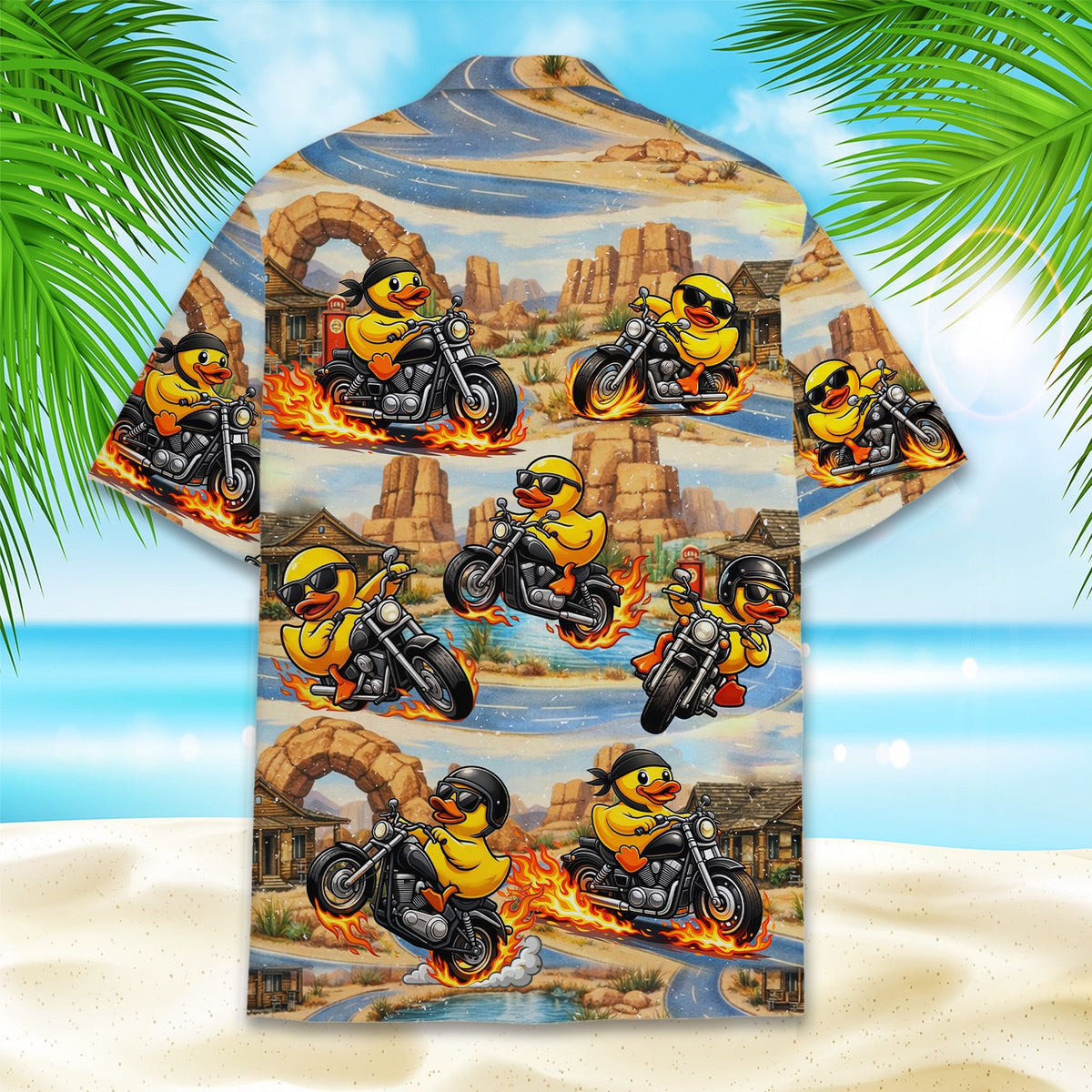 Yellow biker hawaiian shirt featuring motorcycle riders in a desert landscape, front view