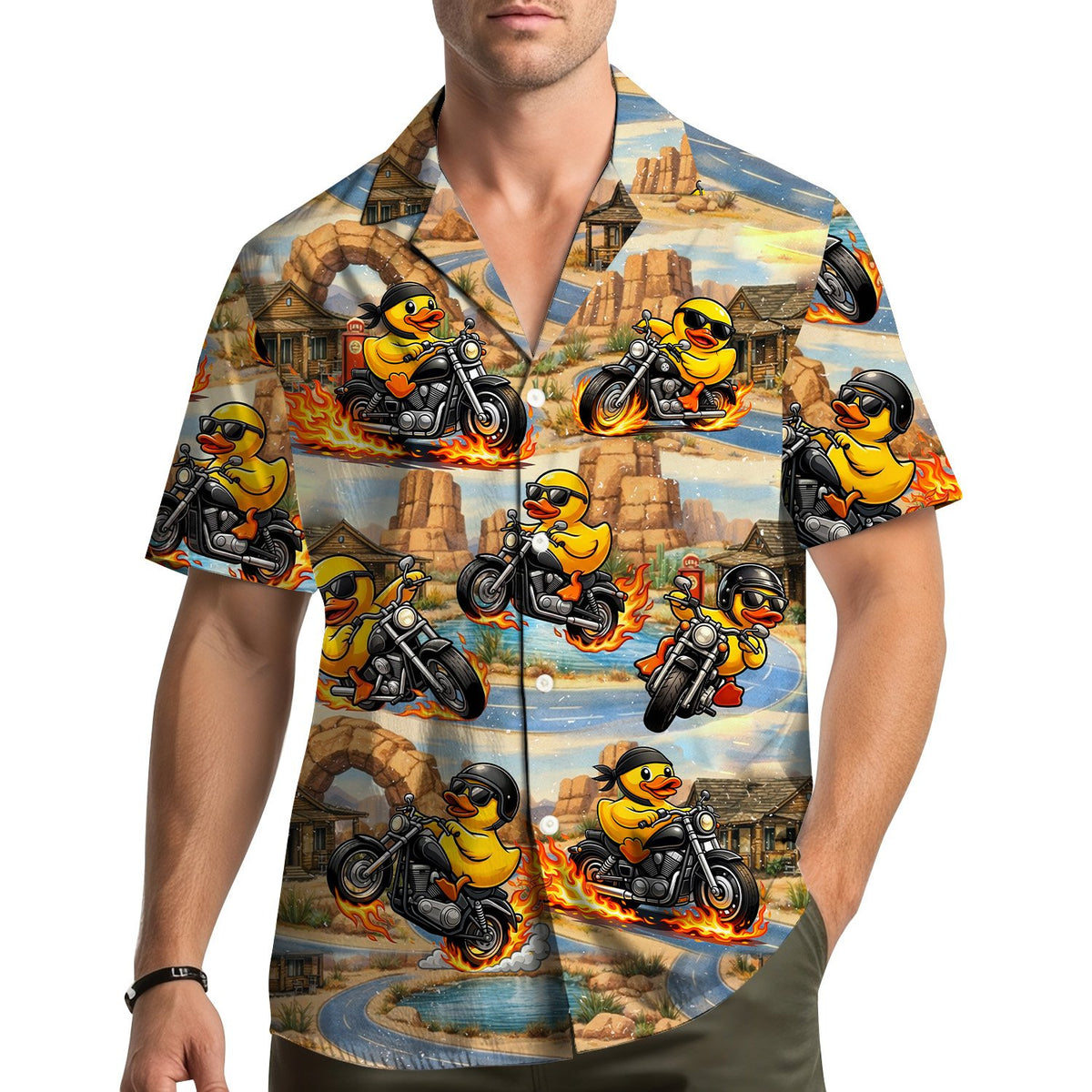 Yellow biker hawaiian shirt worn as a matching family outfit in a lifestyle setting
