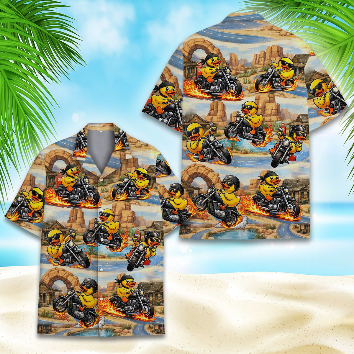 Alternate close up view of the yellow biker hawaiian shirt fabric and buttons