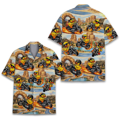 Close up view of the yellow biker hawaiian shirt pattern
