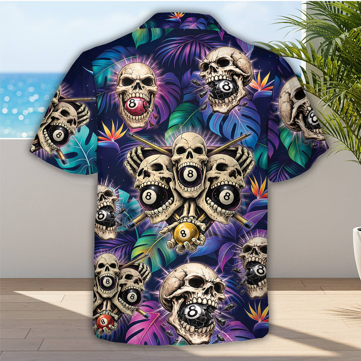 Back view of the billiards and skulls hawaiian shirt