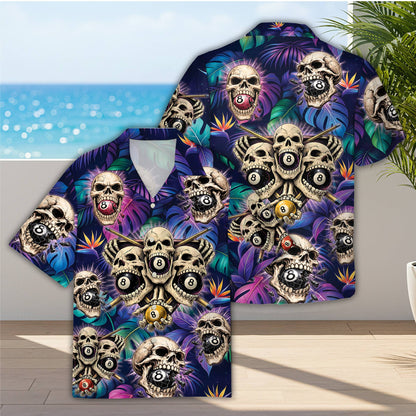 Front view of billiards and skulls hawaiian shirt featuring skull and 8-ball design