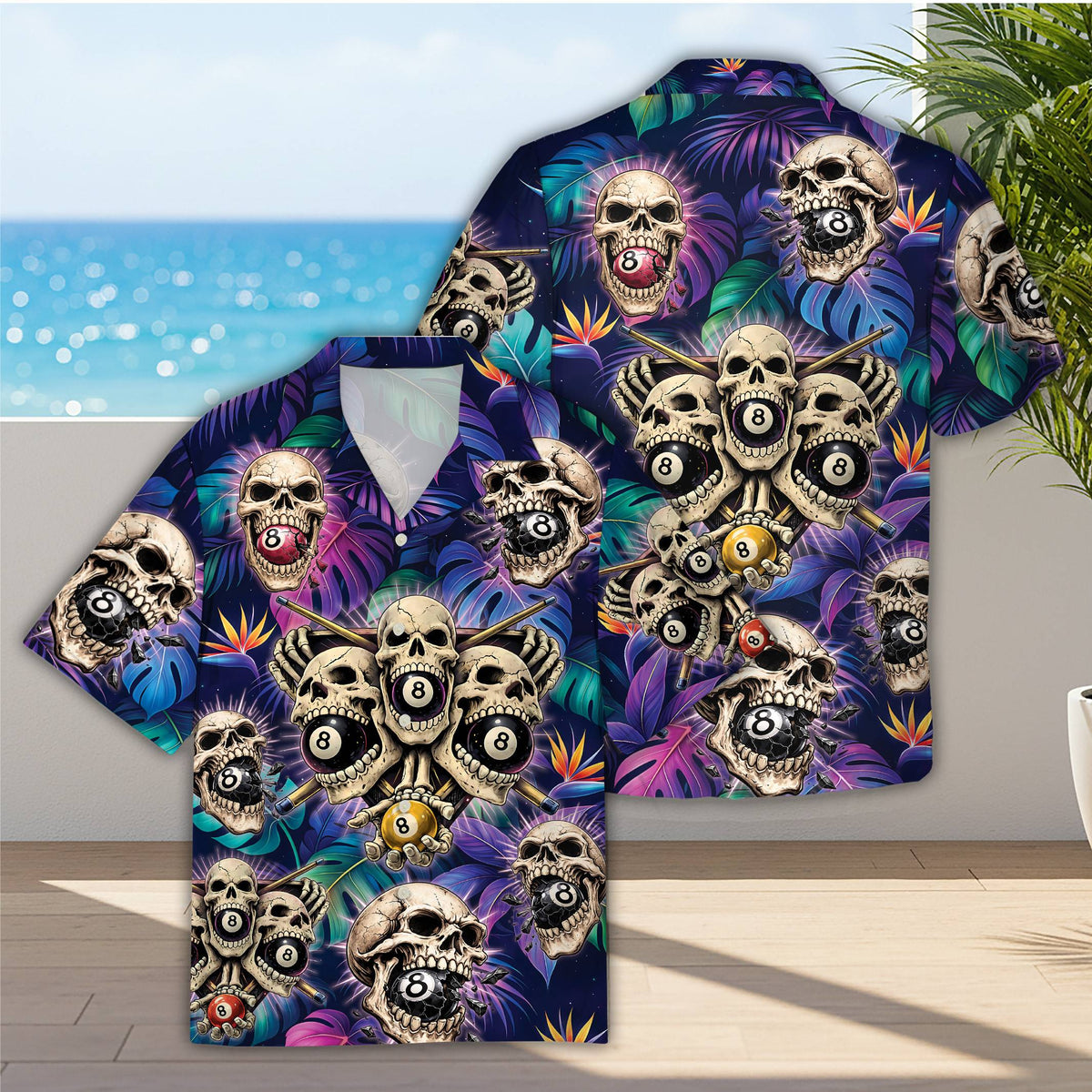 Close-up front view of the tropical billiards shirt