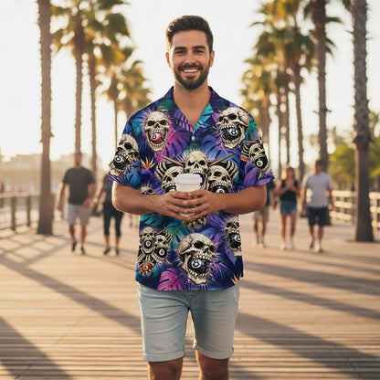 Lifestyle shot of a person wearing the skull and 8-ball hawaiian shirt outdoors