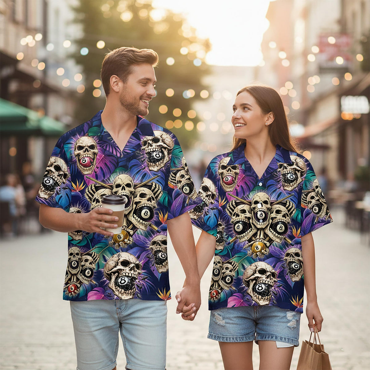 Another lifestyle view of the tropical skulls hawaiian shirt