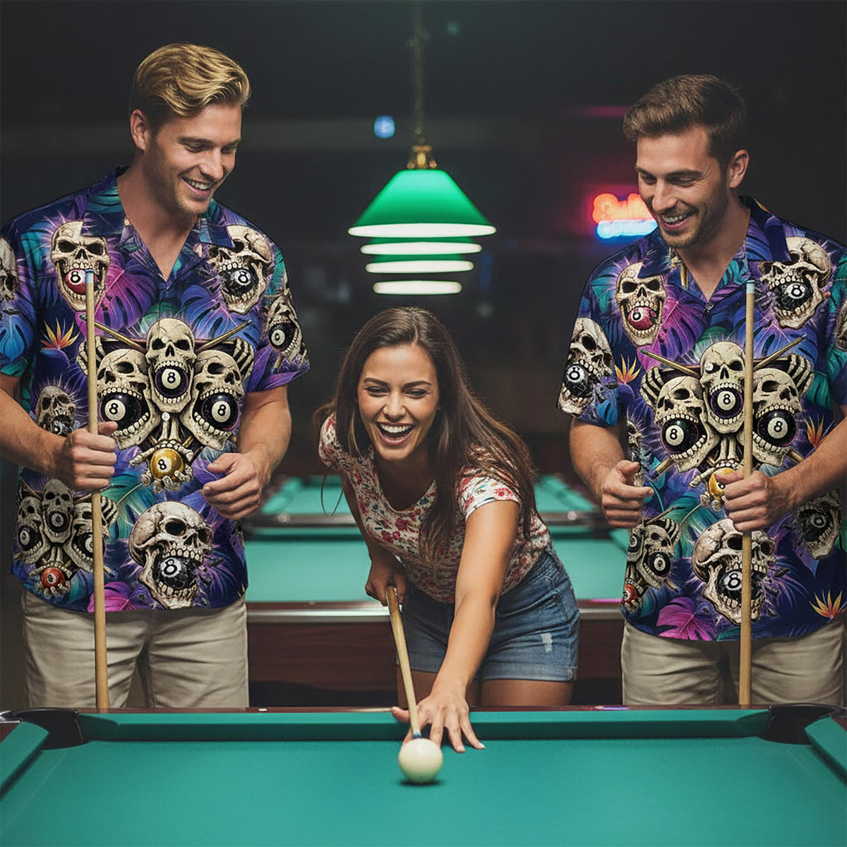 Lifestyle image showing the casual fit of the dark purple hawaiian shirt