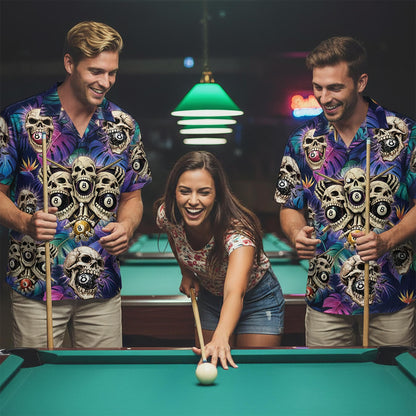 Lifestyle image showing the casual fit of the dark purple hawaiian shirt