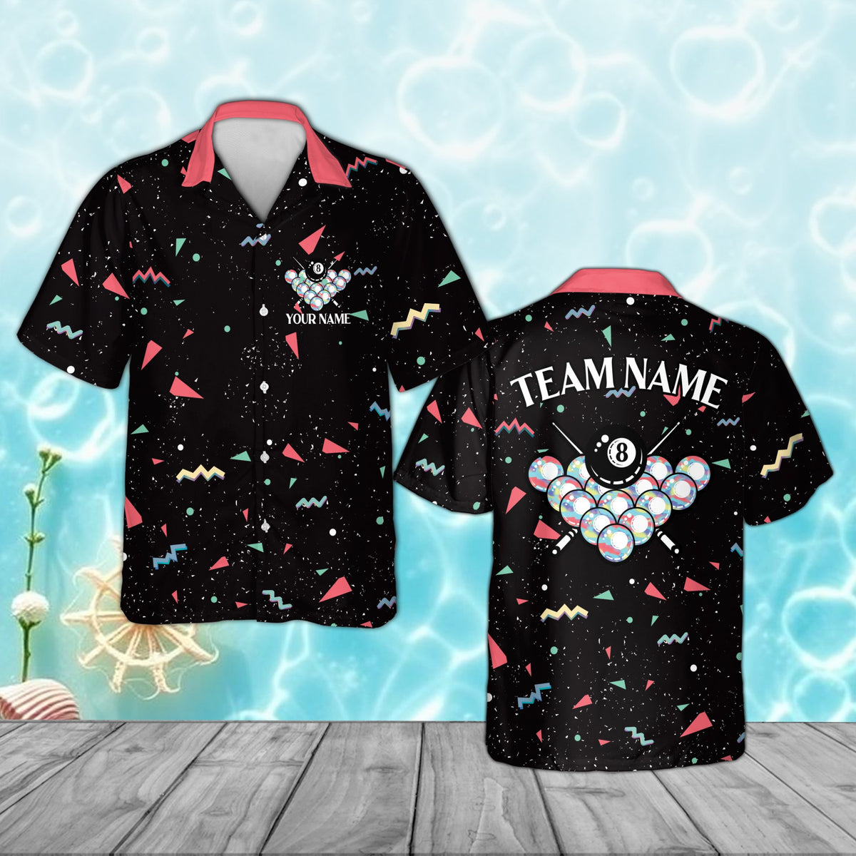Front view of the custom billiards hawaiian shirt showing the 8-ball graphic and personalized text area