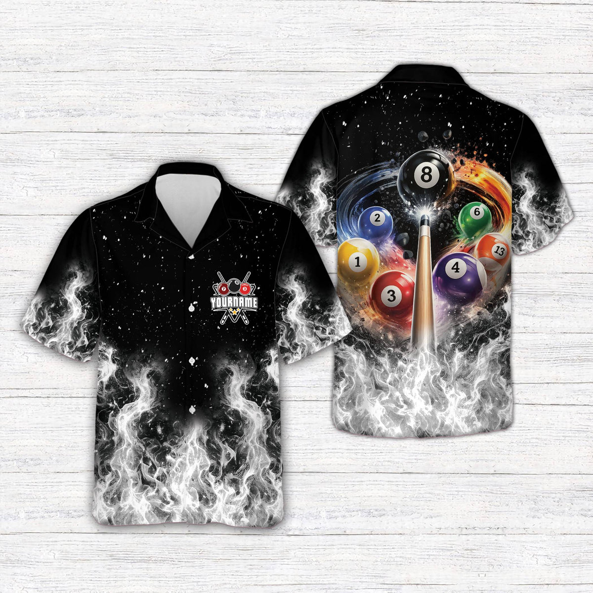 Front view of the personalized black billiards hawaiian shirt