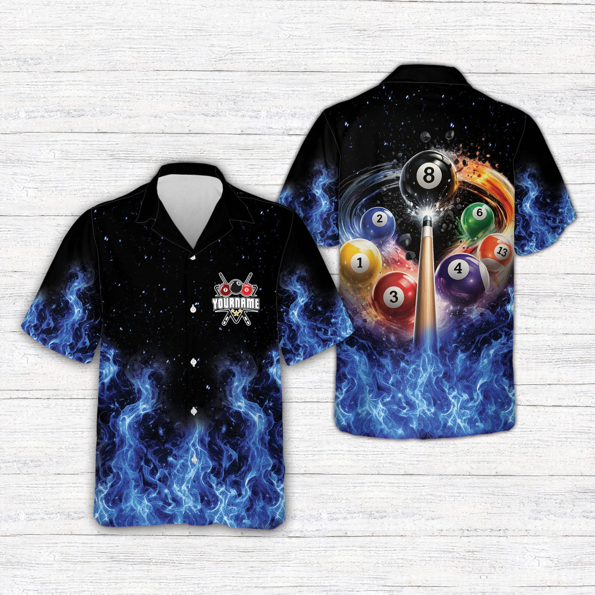 Front view of the personalized blue billiards hawaiian shirt