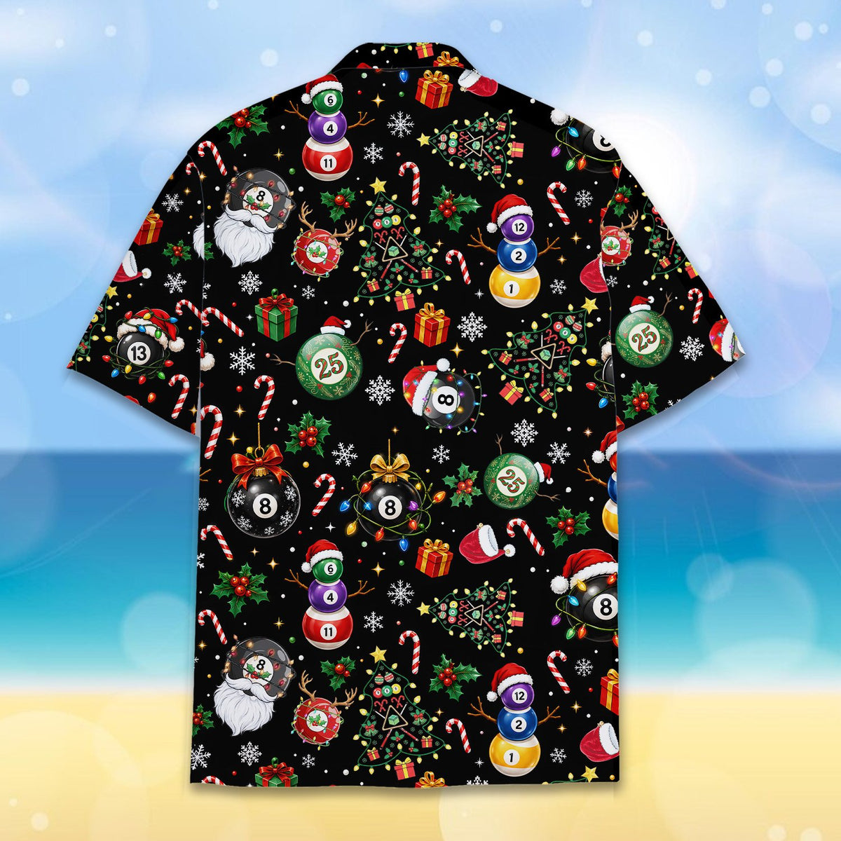 Another back view of the festive hawaiian shirt