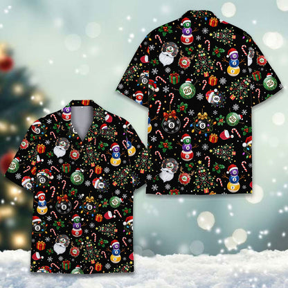 Final back view of the black holiday billiards shirt
