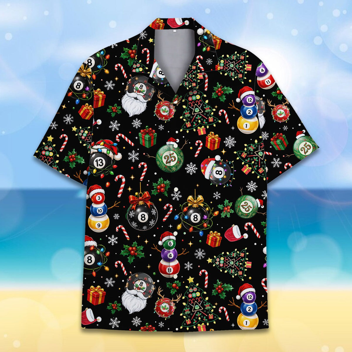 Another front view highlighting the snowmen made of billiard balls
