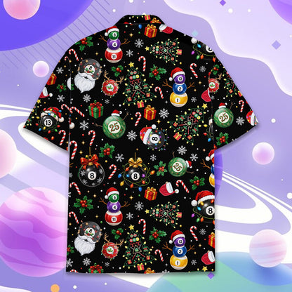 Close up front view of the black billiards hawaiian shirt