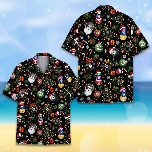 Billiards christmas hawaiian shirt with festive eight-balls and pool cues on black background, main view