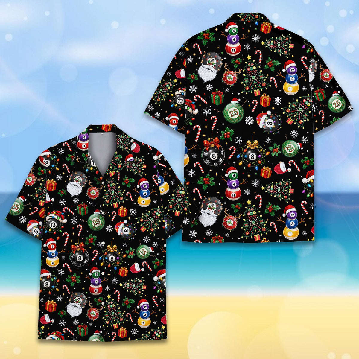 Front view of the billiards christmas hawaiian shirt showing the repeating holiday pattern