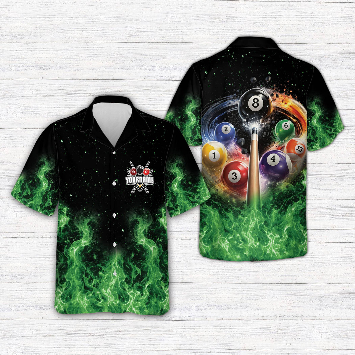 Front view of the personalized green billiards hawaiian shirt