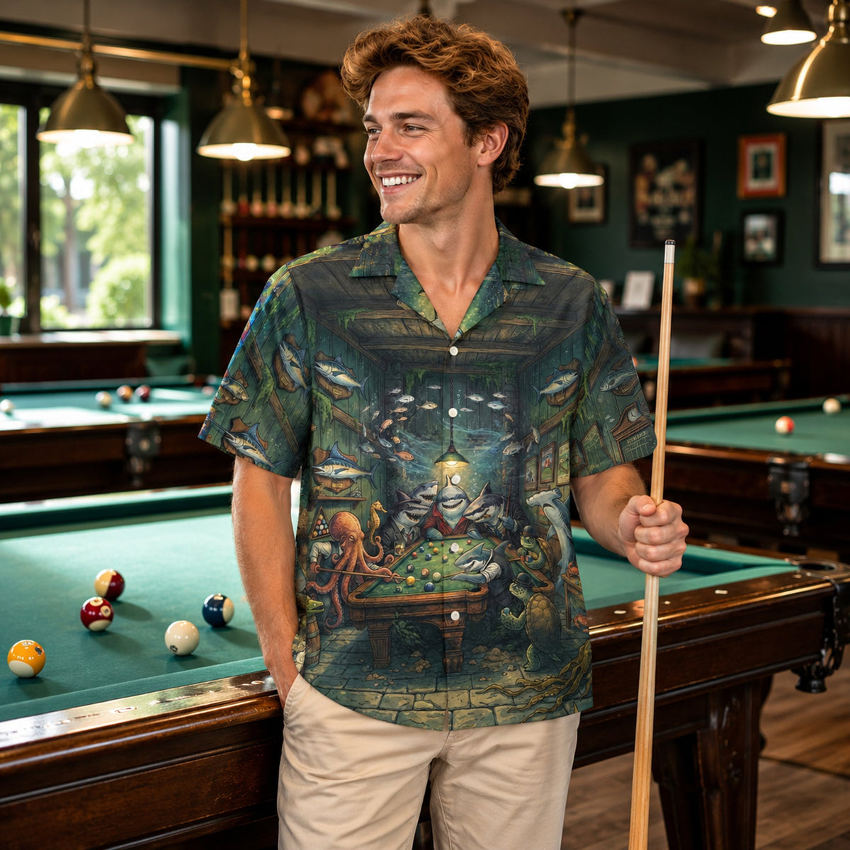 Back view of the green billiards hawaiian shirt showing the detailed aquatic tavern design