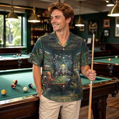 Back view of the green billiards hawaiian shirt showing the detailed aquatic tavern design