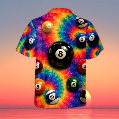 Back view of the billiards hawaiian shirt highlighting a large black 8-ball design