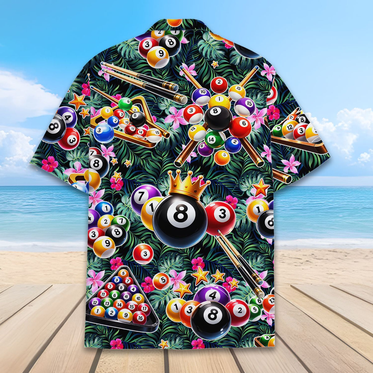 Detailed back view of the hawaiian shirt with billiard balls and triangle racks