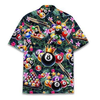 Back view of the billiards hawaiian shirt showing the all-over tropical pool print