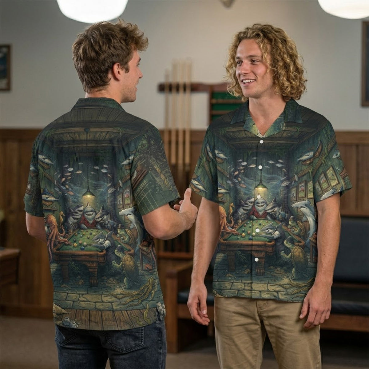 Main view of the green billiards hawaiian shirt featuring an underwater pool hall scene