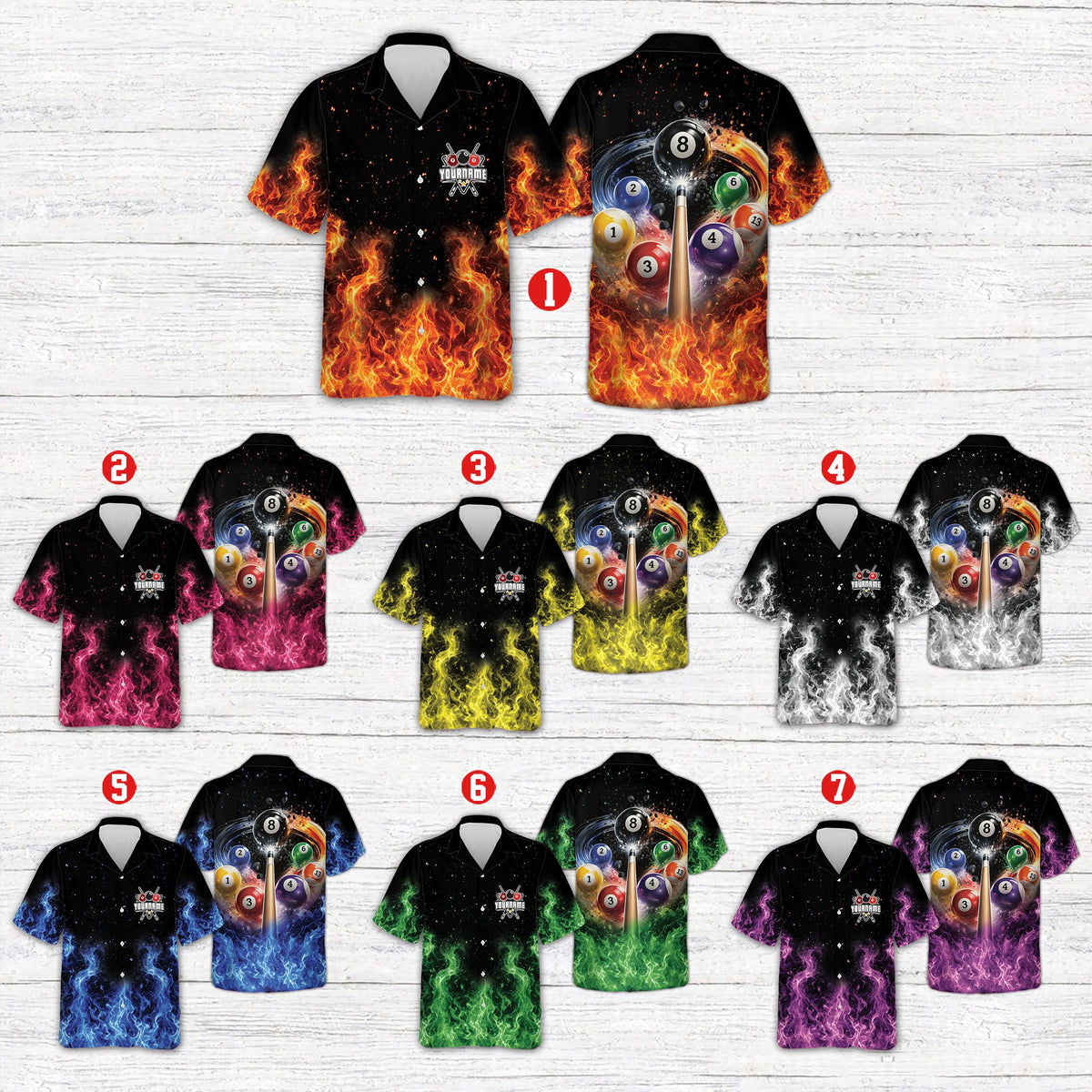 Front view of the matching family hawaiian shirts in multicolor with customized crossed pool cue logo