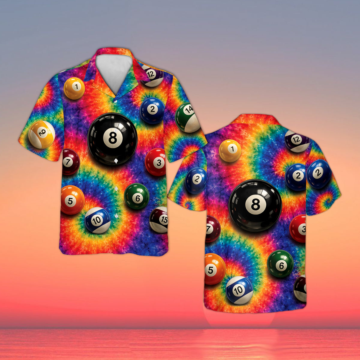 Front view of the vibrant multicolor billiards hawaiian shirt featuring scattered billiard balls