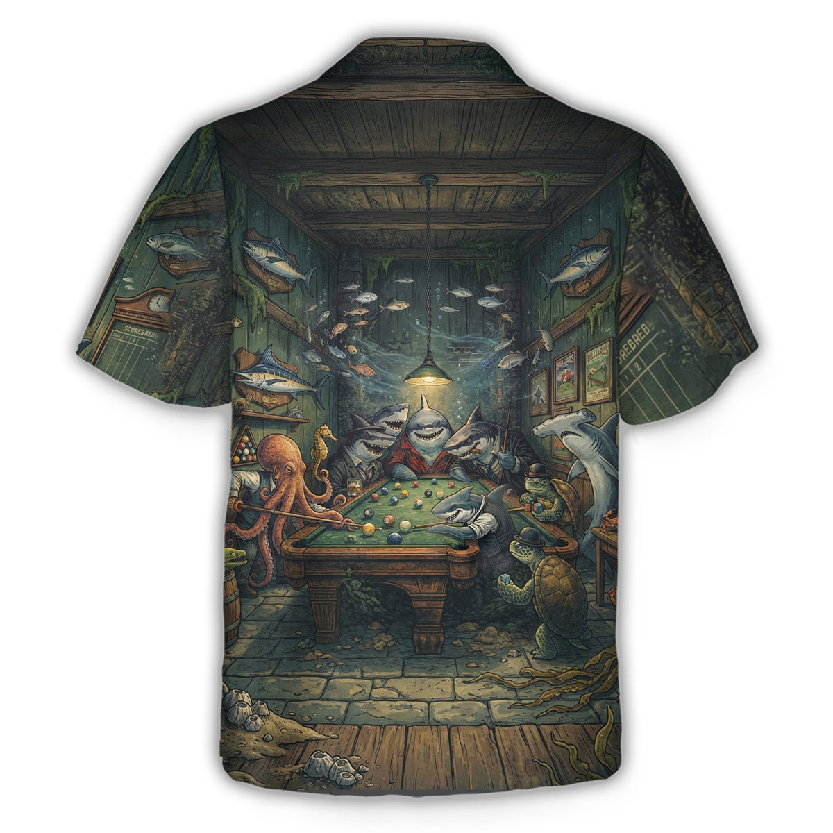 Alternative front view of the underwater billiards hawaiian shirt