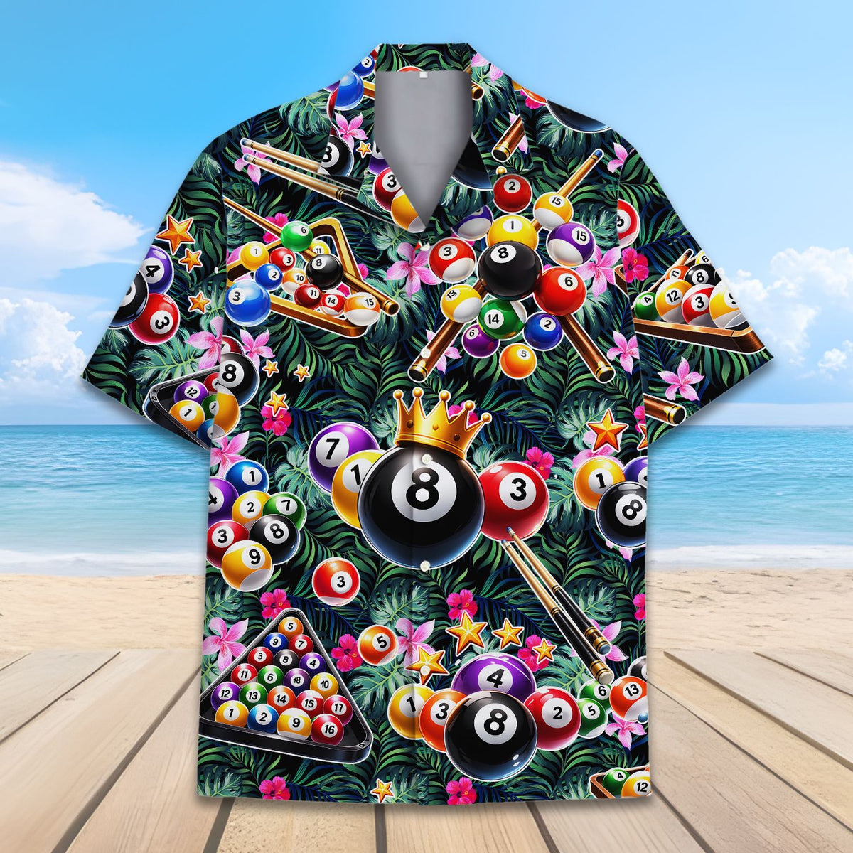 Detailed front view of the billiards hawaiian shirt with pink flowers and green leaves