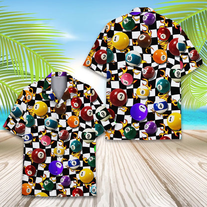 Close up of black billiards Hawaiian shirt with pool ball print on model, front view
