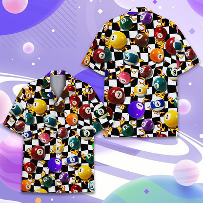 Black billiards Hawaiian shirt worn by a man, featuring flame and pool ball pattern, front view