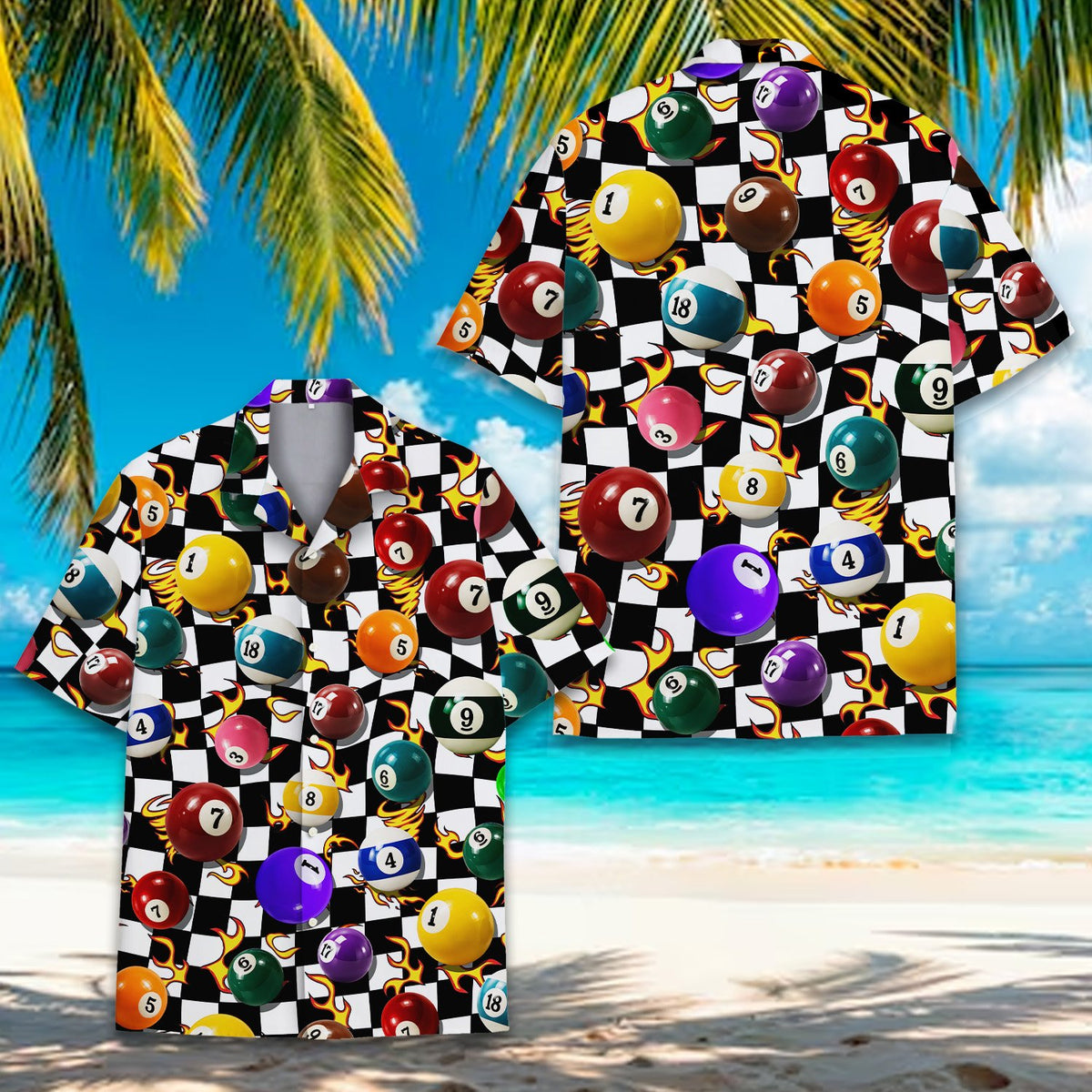 Black billiards Hawaiian shirt worn by a woman, showing colorful pool balls, front view