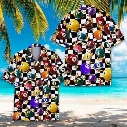 Black billiards Hawaiian shirt worn by a woman, showing colorful pool balls, front view