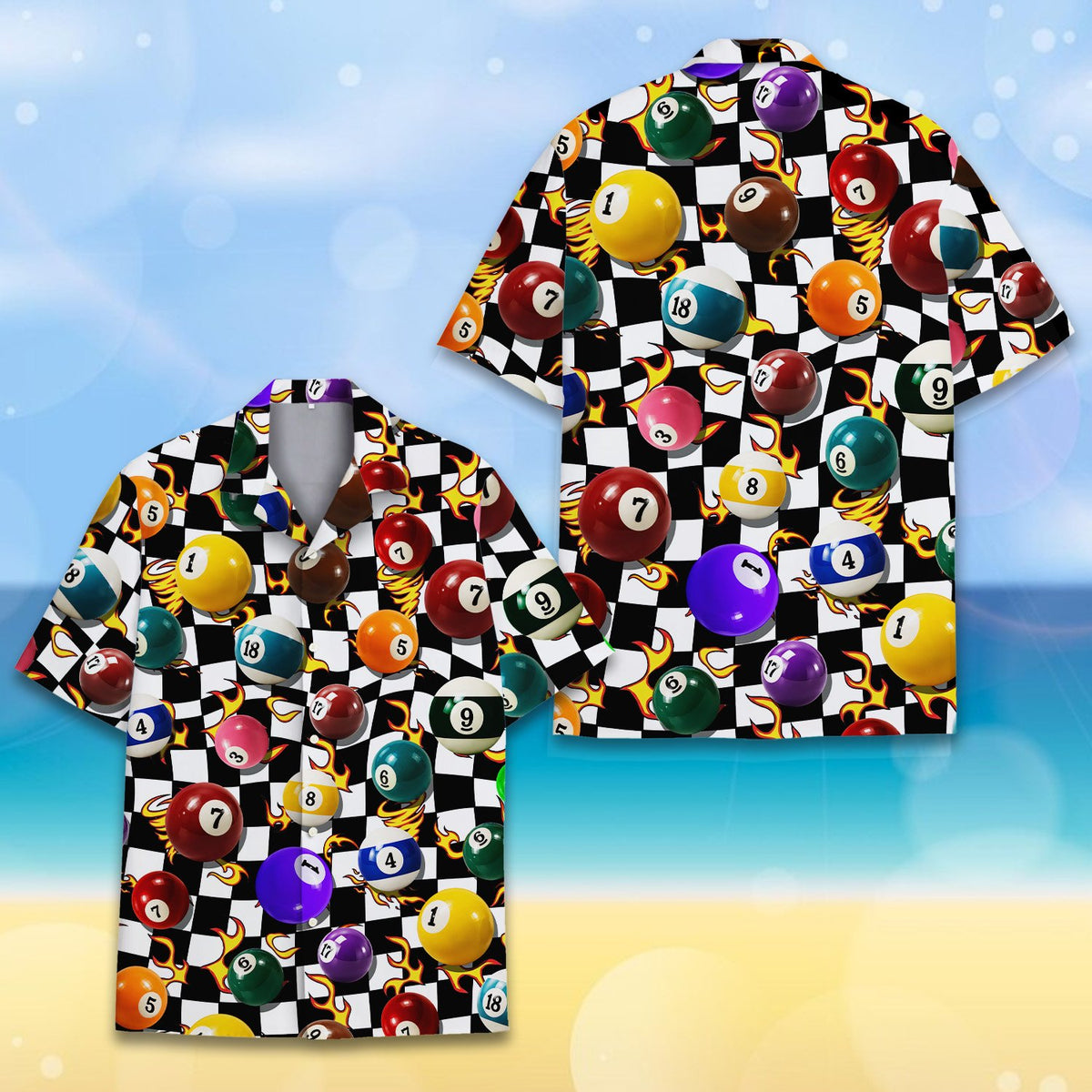 Black billiards Hawaiian shirt worn by a young person, showcasing the checkered flame print, front view