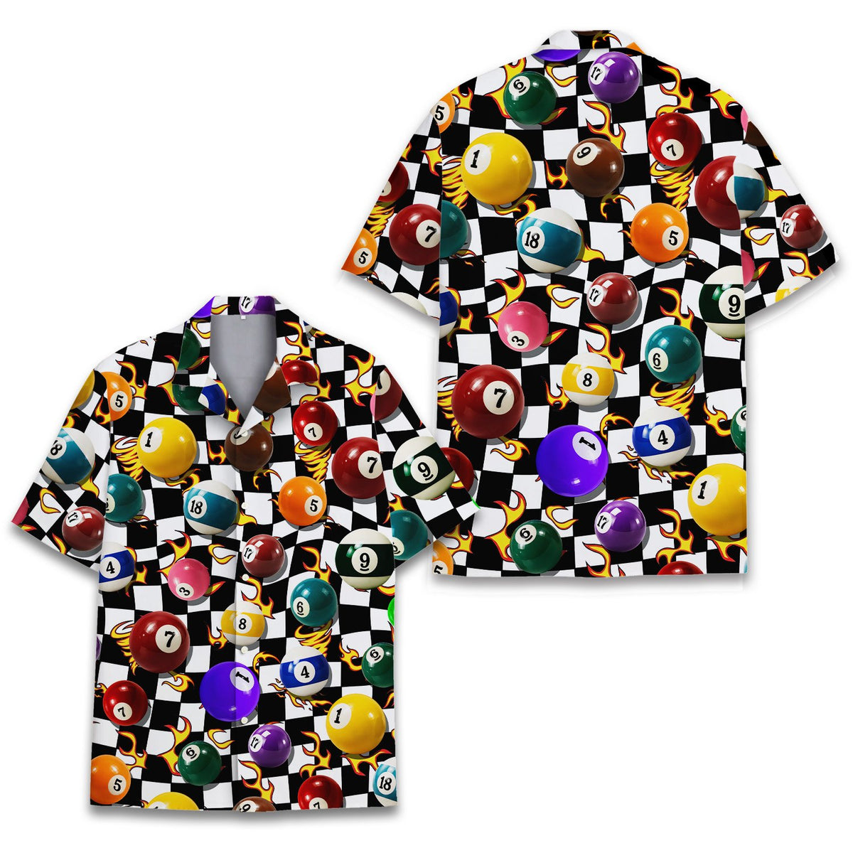 Another young person wearing the black billiards Hawaiian shirt with 3D pool ball design, front view