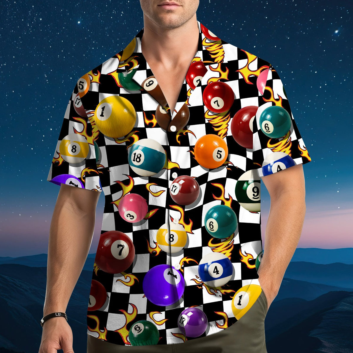 Black billiards Hawaiian shirt on a younger model, featuring bright flames, front view