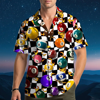 Black billiards Hawaiian shirt on a younger model, featuring bright flames, front view