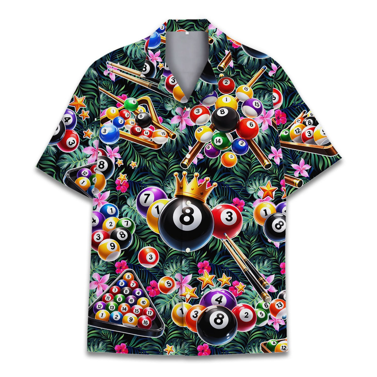 Matching family hawaiian shirts featuring a tropical billiards print in multicolor and black, main view