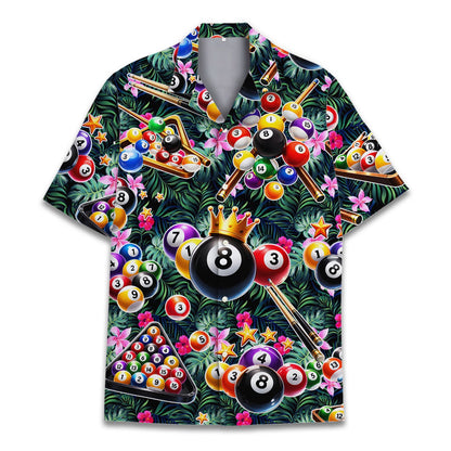 Matching family hawaiian shirts featuring a tropical billiards print in multicolor and black, main view