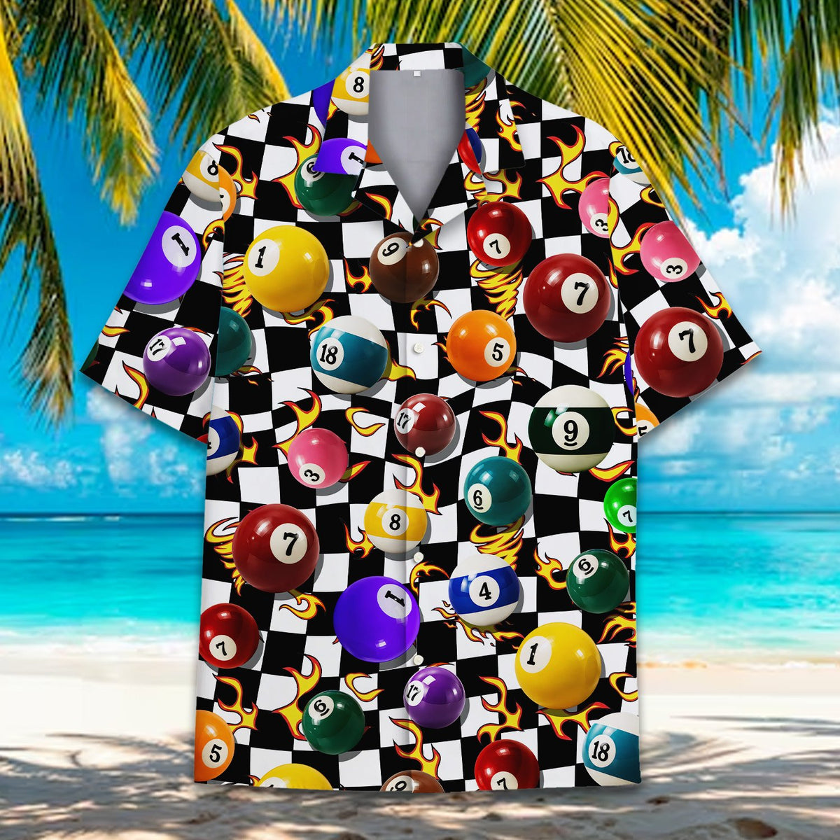 Black billiards Hawaiian shirt featuring a checkered pattern, flames, and 3D pool balls, main front view