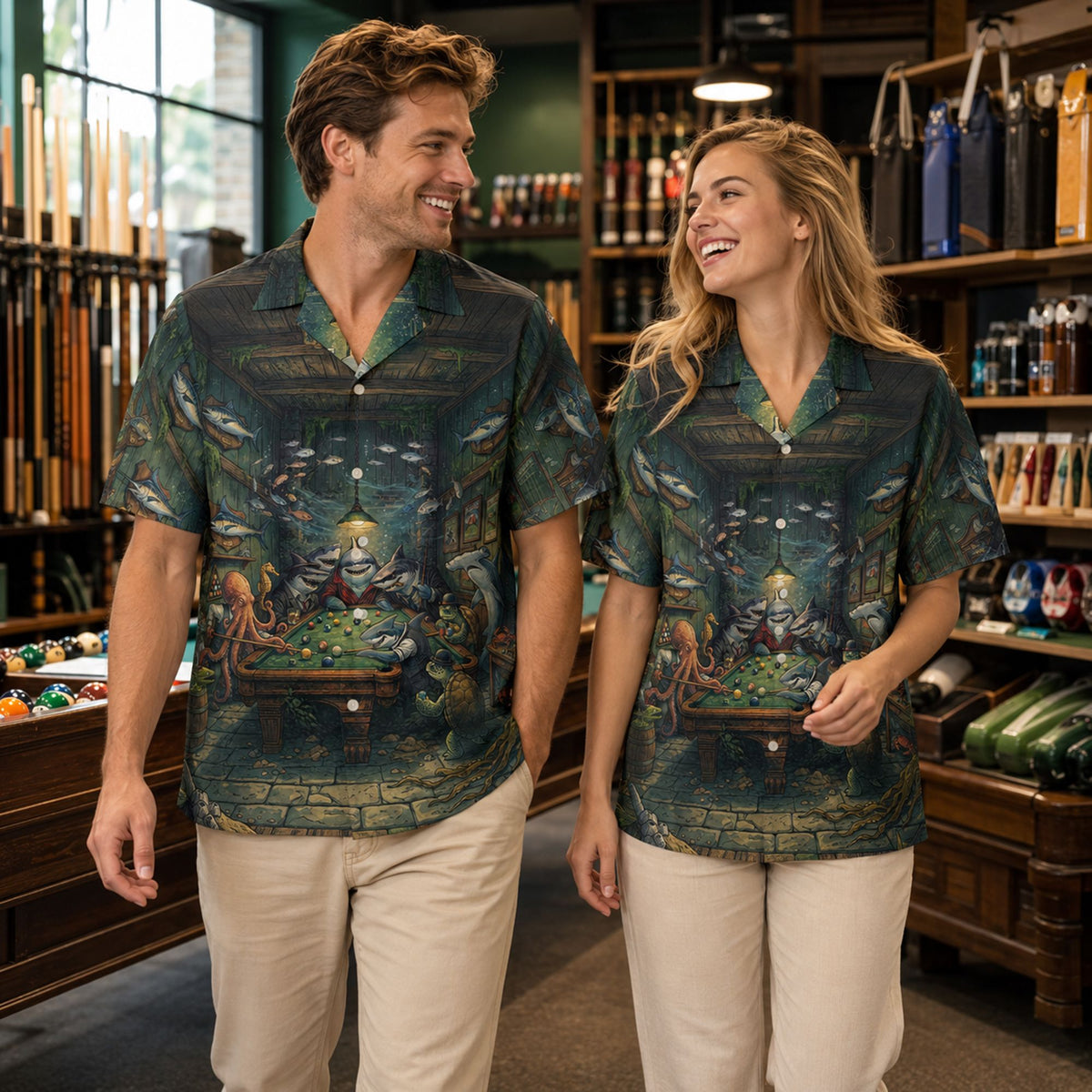 Lifestyle image of someone wearing the green billiards hawaiian shirt in a summer setting